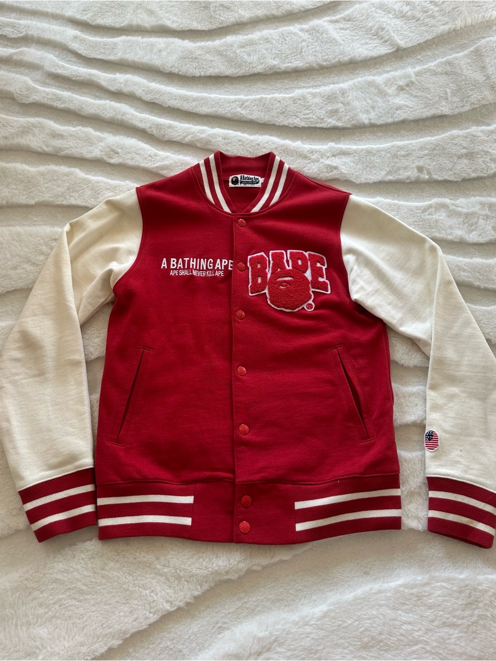 A Bathing Ape Red & Cream Varsity Jacket